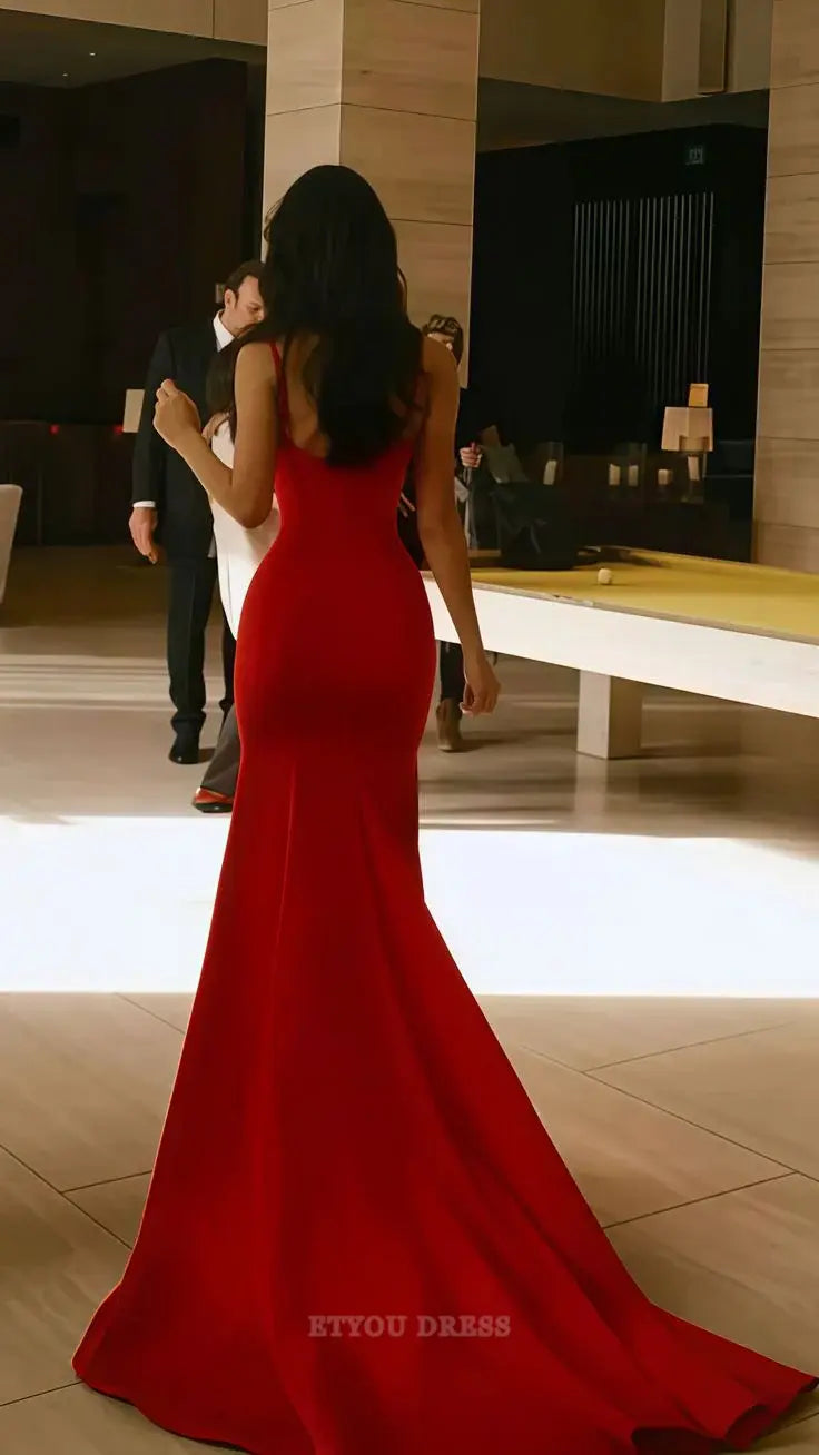 Mermaid Spaghetti Straps Sexy Red Satin formal dresses Bridesmaid Dresses evening gown Prom Dress